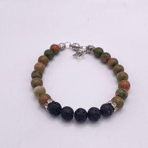 Unakite and Lava Bead Bracelet; 7.5 inch Length
